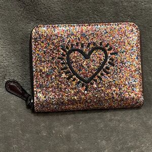 COACH Keith Haring Wallet Womens Small Multicolor Glitter Zip Around Heart